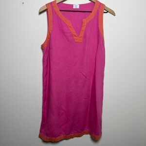 Sigrid Olsen Women 100% Linen Shift Dress Medium Pink Preppy Split Neck Lagenloo